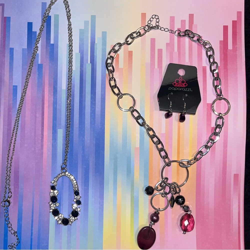 Paparazzi. Long necklace. Short necklace. New earrings. Blue silver and purple